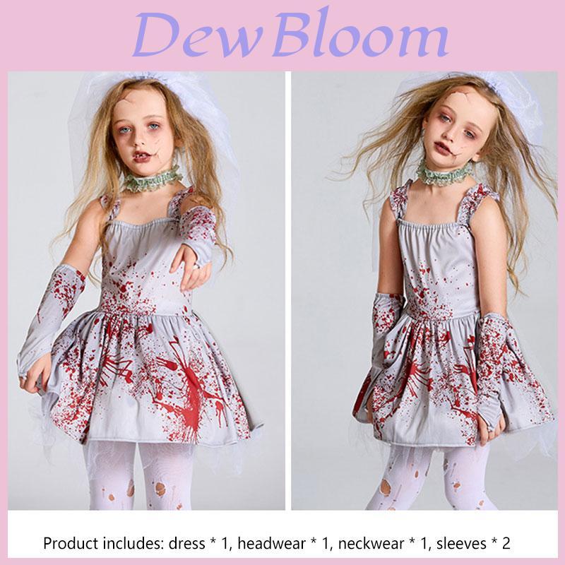 Costume Sposa Fantasma Macchiato di Sangue Grigio per Halloween Abito Stile Principessa con Pizzo e Tessuto Trasparente