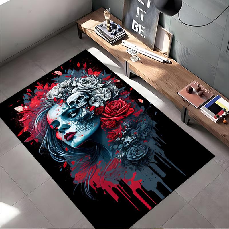 Mystical Skull and Roses Art Rug Non-slip rug suitable for living room and bedroom sofas.