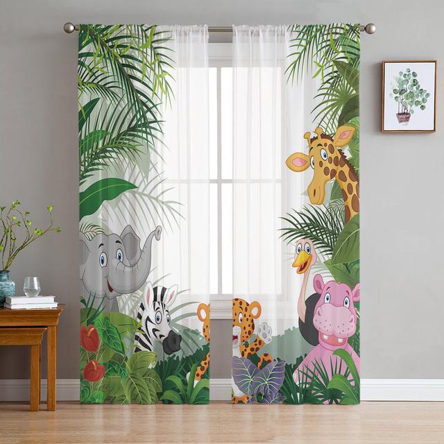 Jungle Cartoon Animal Lion Elephant Giraffe Modern Tulle Curtains For Living Room Bedroom Home Kitchen Window Sheer Curtains