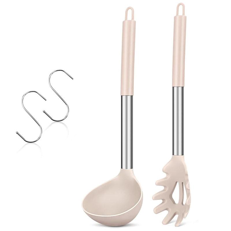 Silicone Pasta Fork and Ladle Spoon Set Large Nonstick Kitchen Utensils with Stainless Steel Handle For Cooking Draining JT594