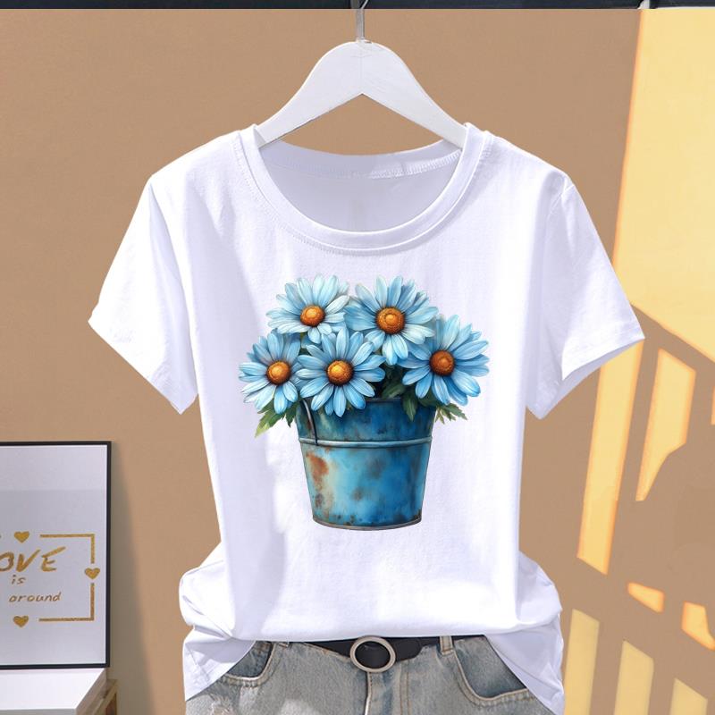 (Asian Size) letter flower style Women's Top Short Sleeve T-shirts O-neck Casual Clothing Fashion Female T shirt Printed Graphic Tee