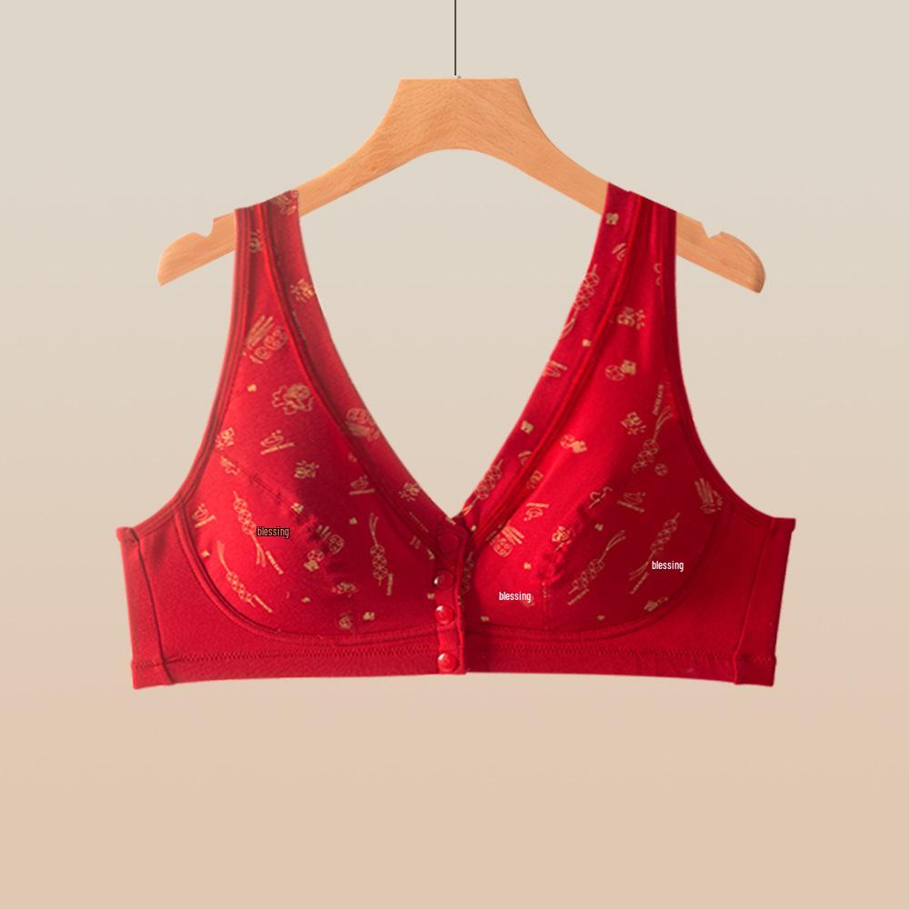 Women s Year of the Tiger Front-Fastening Pure Cotton Wireless Vest Bra in Red for Middle-Aged and Elderly. 3XL