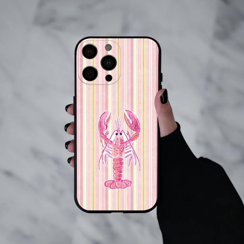 L-Lobster On S-Stripes Ocean Phone Case For iPhone 17pro,16,15,14,13,12,11 Plus,Pro Max,XS,Soft Silicone Black Cover