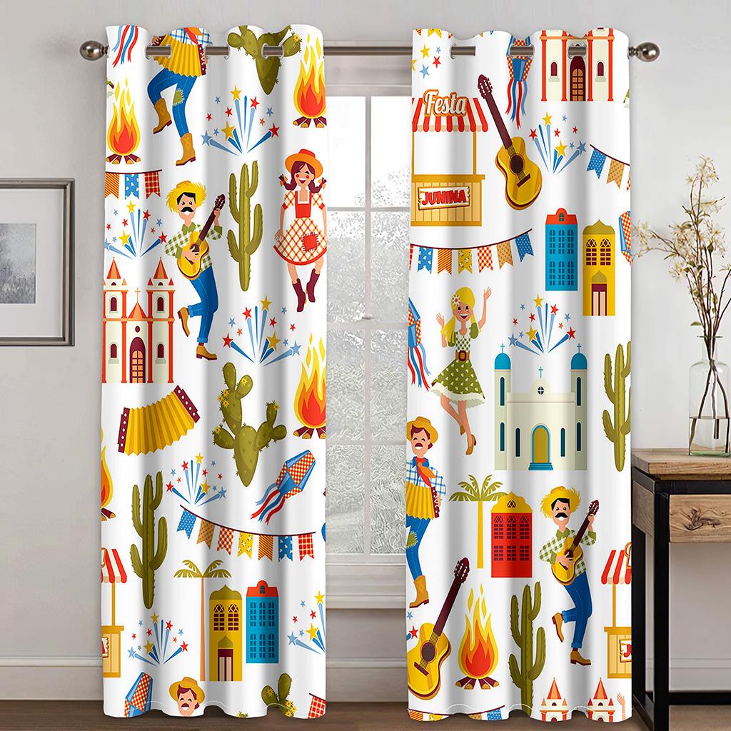 Animated Festa Junina village festival Luxurious Window Panel Drapes in Kids Bedroom Living Room Hall Treatments Kitchen Drapes Blinds
