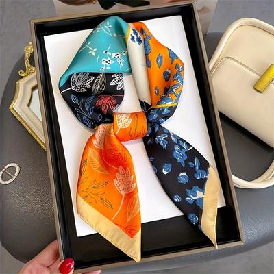 Farbblock Floral Bedruckter Quadratischer Schal Elegant Französisch Dünner Satin Seidenschal Sonnenschutz Dekoratives Stirnband Haarband Für Frauen