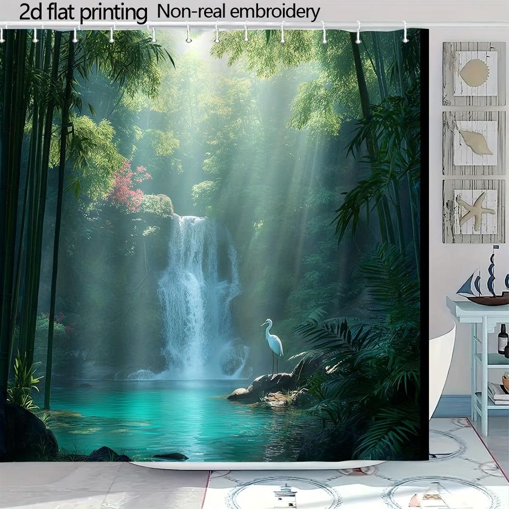 

Digital Jungle Waterfall Illustration Shower Curtain 1Pc With 12 Hooks For Bathroom Home Decor Polyester 70.8X70.8 Inch W60H190(CM)-1 Pcs