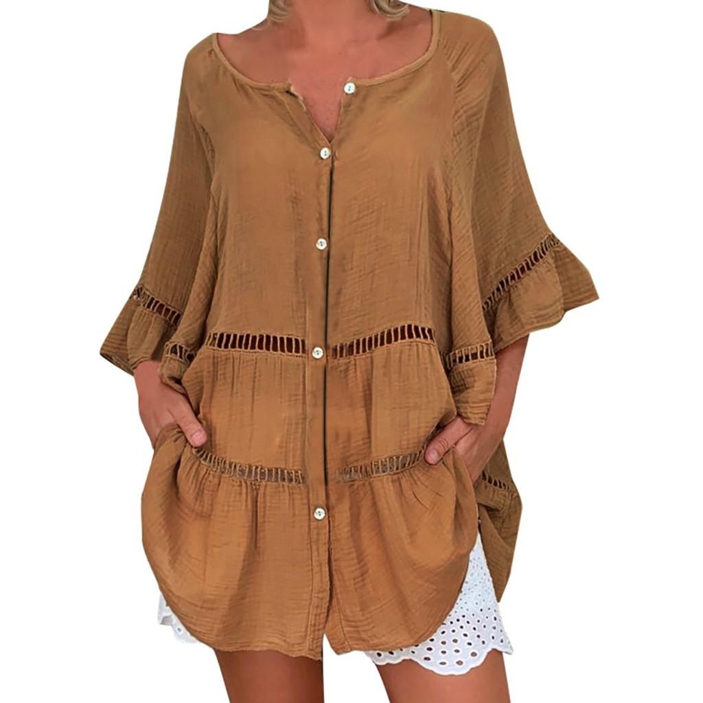 Women's Plus Size Solid Cotton And Linen Hollow Out V-neck Pullover Tops Shirt
