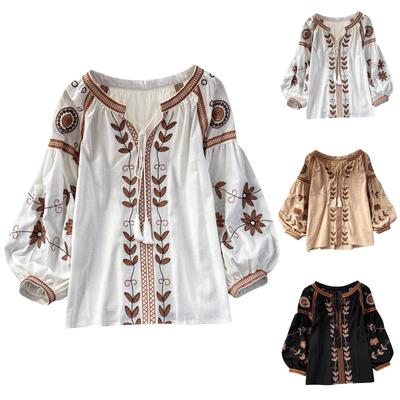 Women's Three Quarter Sleeve Round Neck Loose Embroidered Cotton Linen Pullover Shirt Casual Top