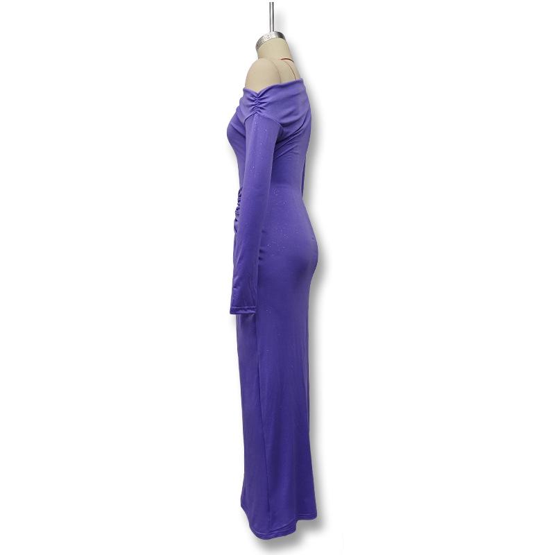 Chic European & American Off-Shoulder Pleated Long-Sleeve Maxi Dress