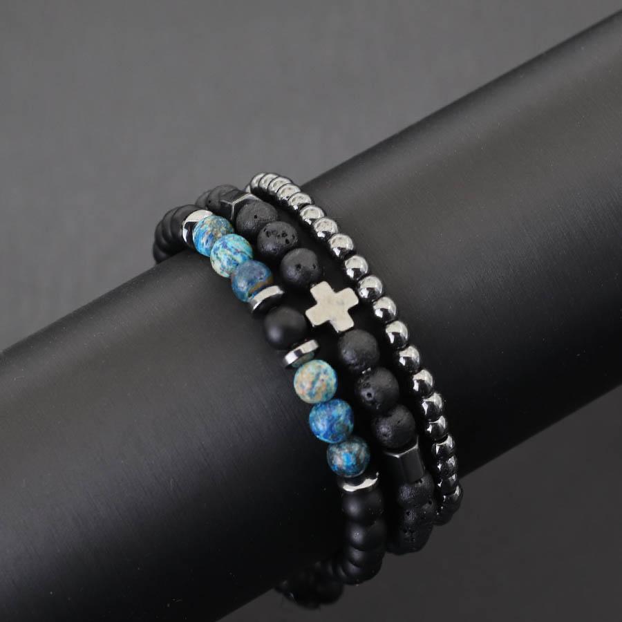 

Fashion 3Pcs Men Bracelet Set Natural Tiger Eyes Lava Stone Beaded Cross Braclet Hematite Healing Braslet Gift For Him Pulseria