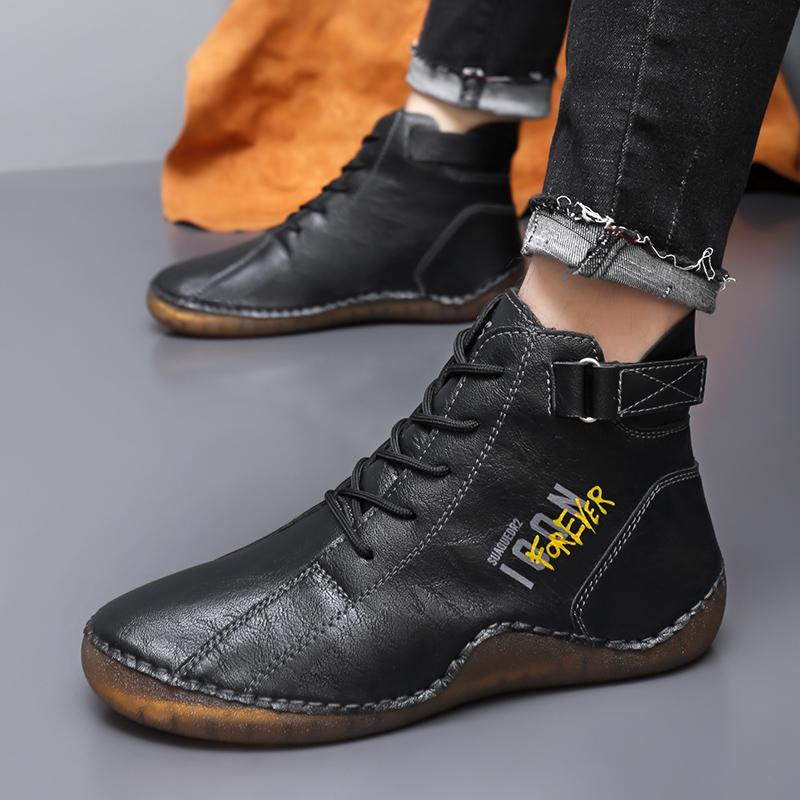 Men Handmade Leather Shoes Casual Hiking Boots Outdoor Black High Top Wide Palm Driving Shoes Large Size