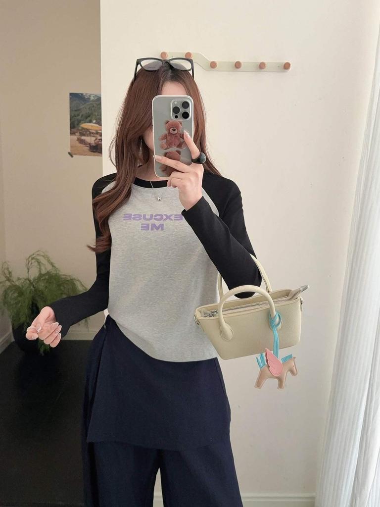Lu Si Women's Spring Raglan Sleeve Color Block Letter Base Layer, Versatile Slimming Long Sleeve Casual Top