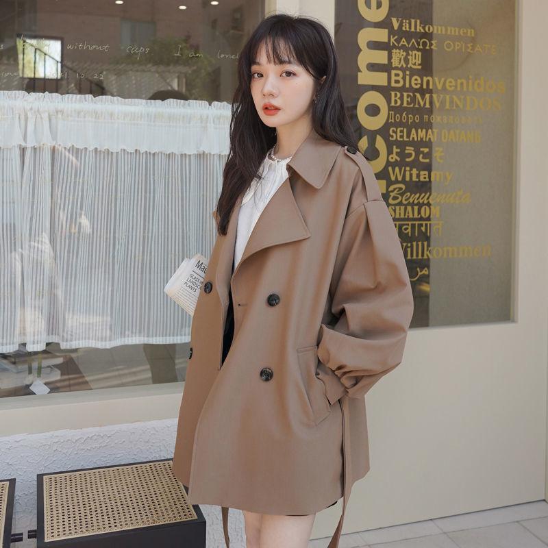 Coffee Colored Short Windbreaker Jacket for Women Spring and Autumn Collection Lantern Sleeve Coat