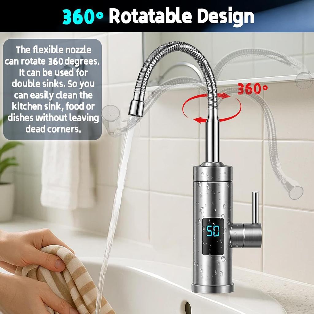 Electric Tap with Instantaneous Water Heater, 2025 Upgrade 220 V 3000 W 360° Stainless Steel Hot and Cold Water Tap with LED Temperature Display,
