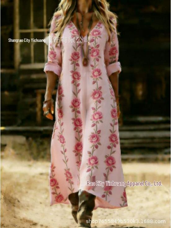 2026 Spring Retro V-neck Long-sleeved Plus Size Dress