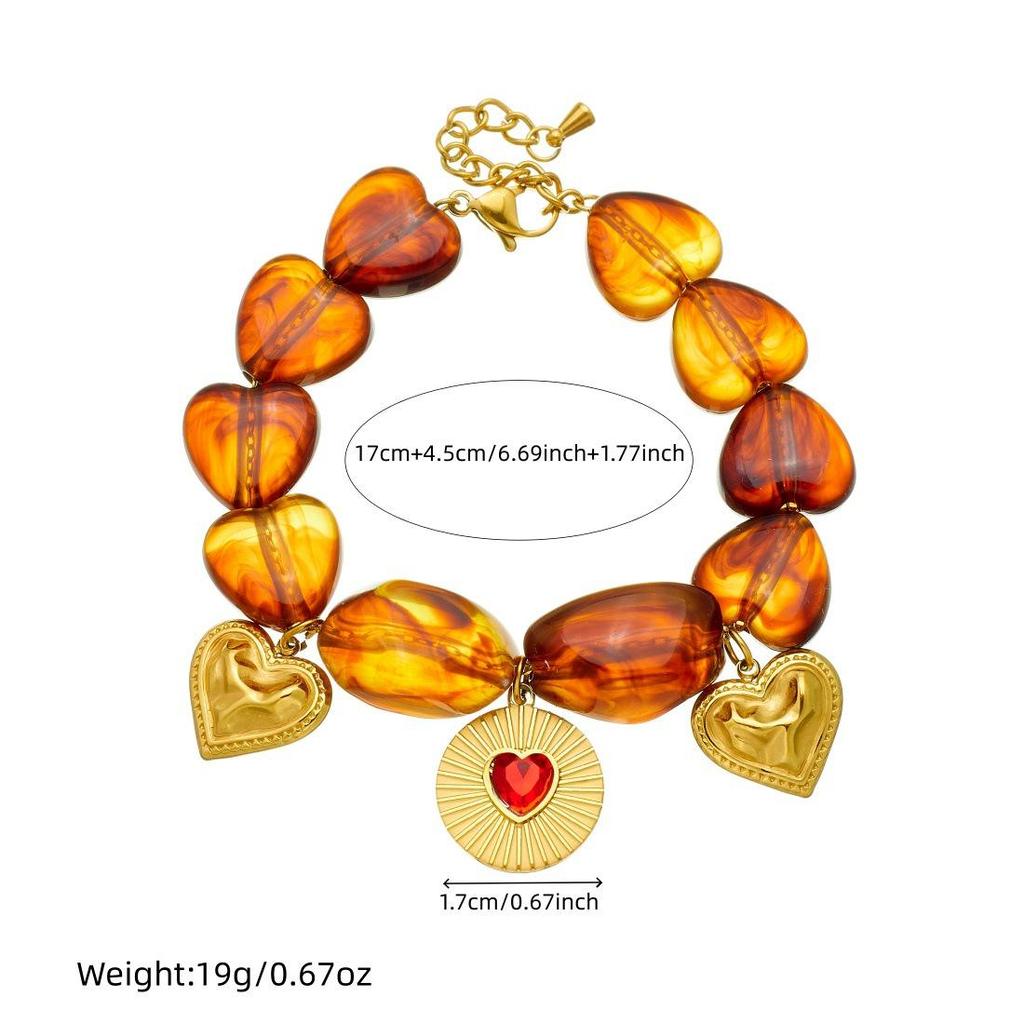 Stylish Geometric Resin Beaded Chain with Gold-Plated Inlaid Diamond Heart Pendant Jewelry Set