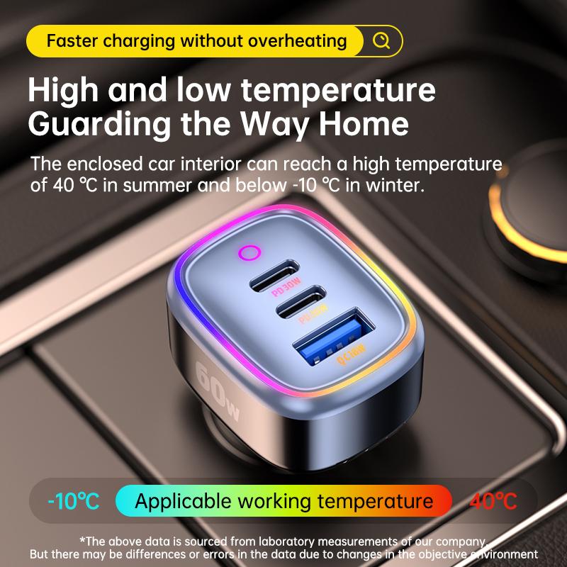 C08 60W USB + Dual USB-C Car Charger Cool Ambient Light Phone Fast Charging Power Adapter