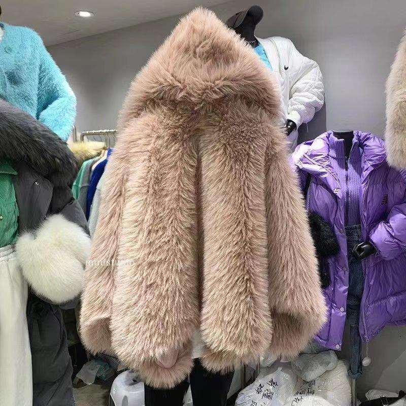 New Imitation Fox Hair Woven Hooded Bat Sleeve Long Sleeve Slim Imitation Fur Fur Coat Women