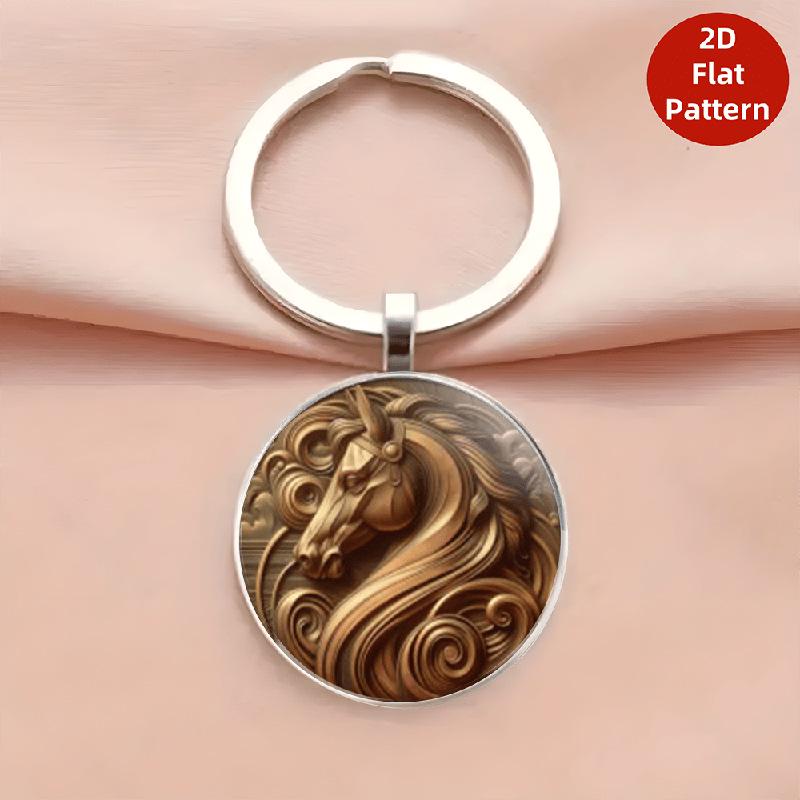 Retro Gold Horse Keychain with Round Pendant