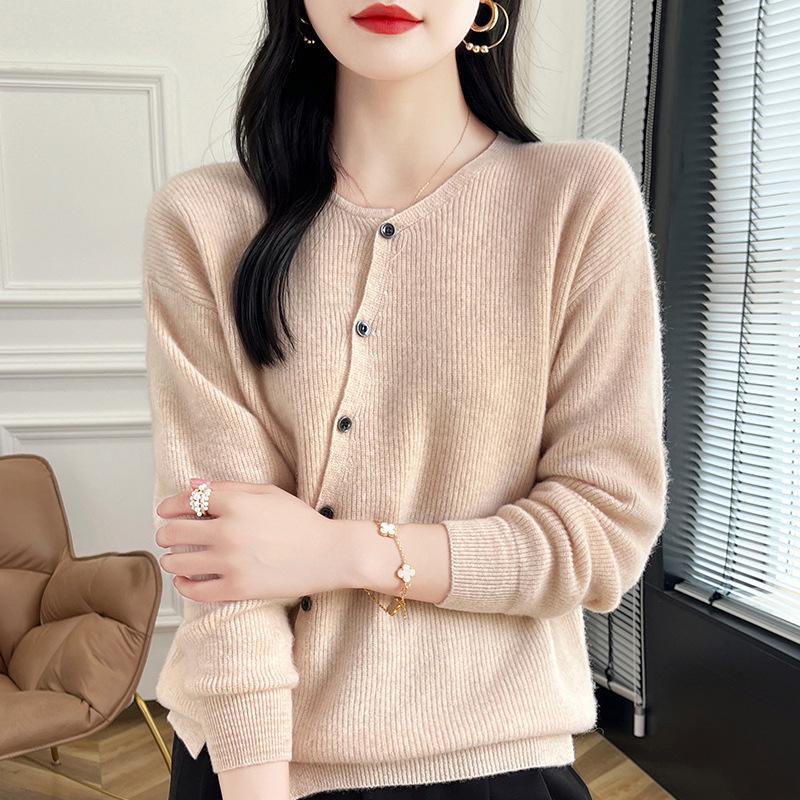 Autumn/Winter Wool Round Neck Asymmetrical Button Cardigan - Women's Loose Solid Color Cashmere Knitwear