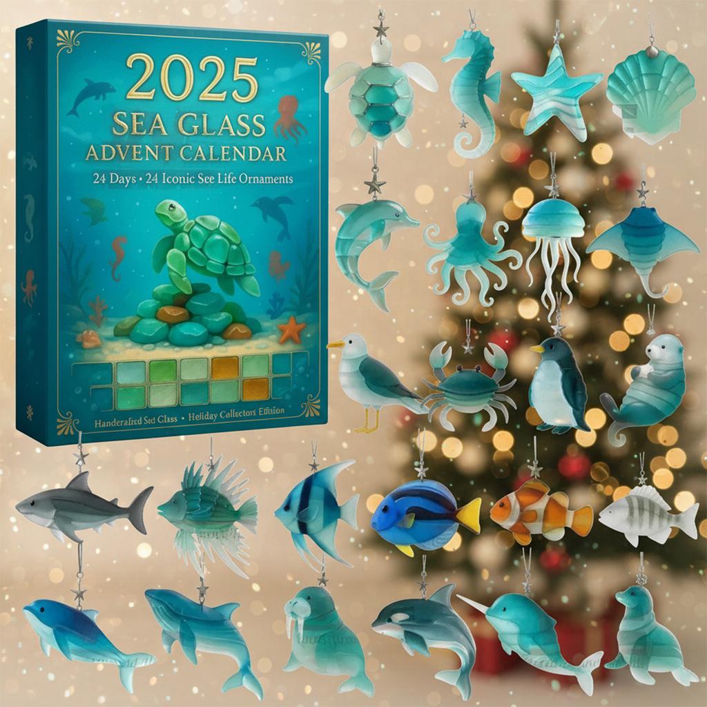 Marine Life Advent Calendar 2025 with 24 2D Flat Ocean Animals Decoration Christmas Advent Calendar for Christmas Tree Ornaments