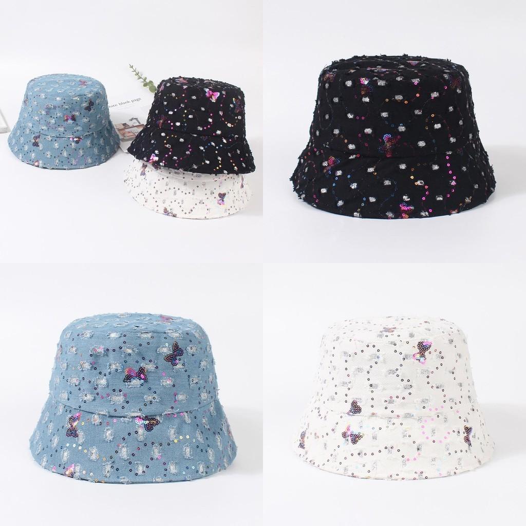Japanese Style Denim Fisherman Hat With Sparkling Butterfly Bow Perfect For Summer