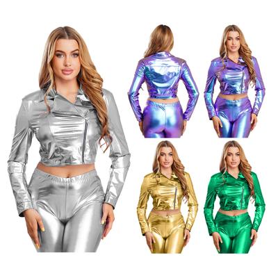 Womens Metallic Shiny Cropped Jacket Notch Lapel Long Sleeve Biker Motor Jacket