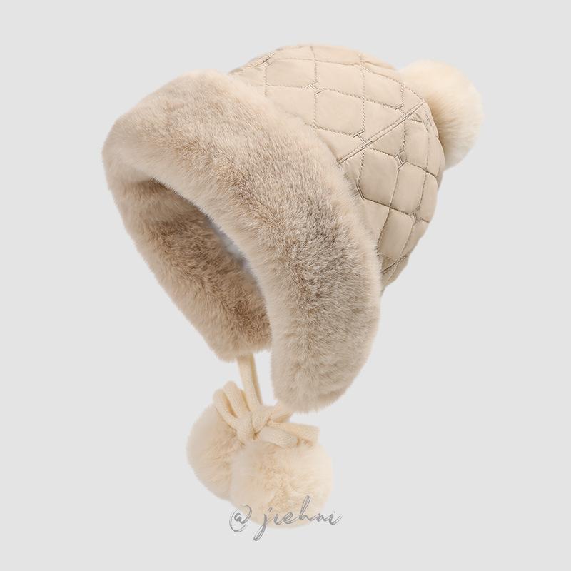 24 New Winter Thickened Cold-proof Warm Hat Women's Cute Hairball Knitted Wool Ear Protection Hat Northeast Lei Feng Hat