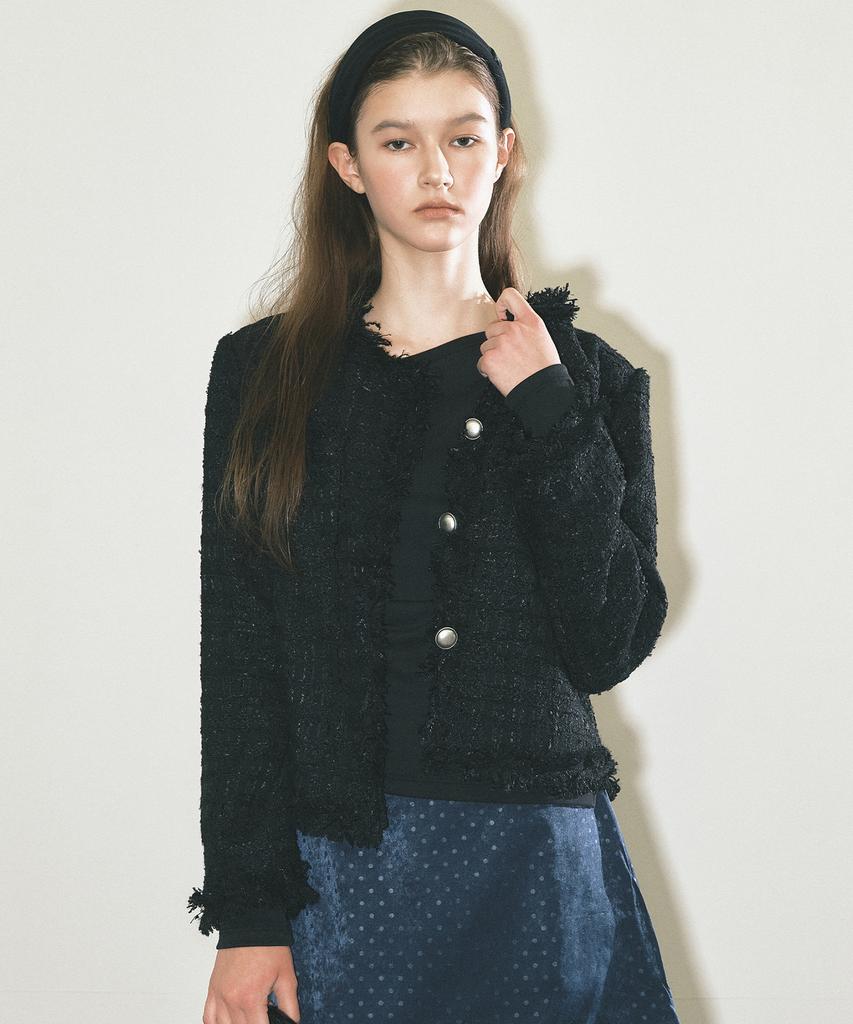 NICK&NICOLE Fringed Tweed Jacket_Black