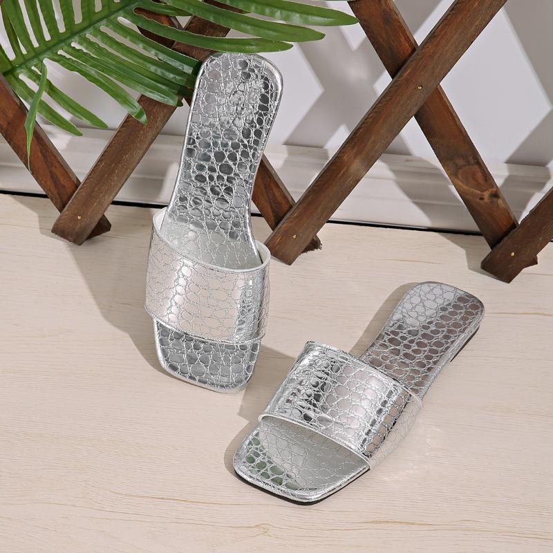 Fashion Women's Flat Sandals Summer New Square Head Open Toe Soft Sole Waterproof and Anti-slip Wear-resistant Slippers