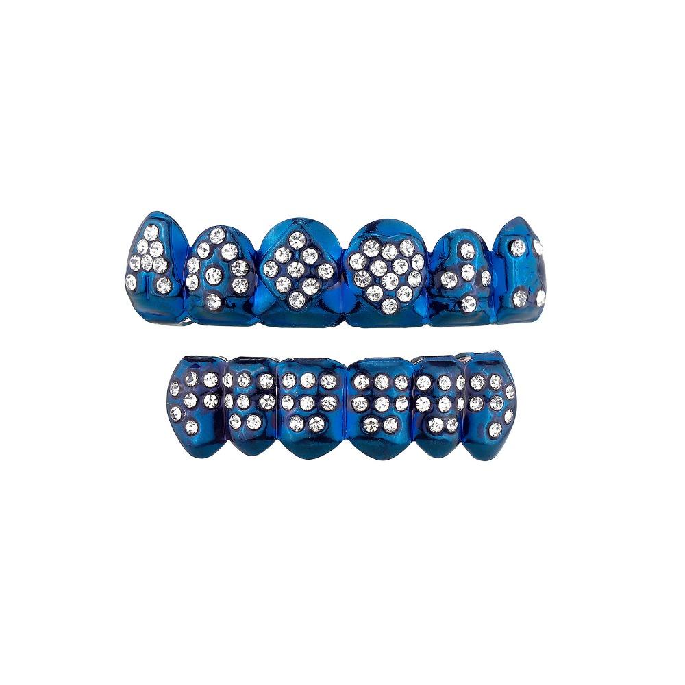 Glossy Finish Teeth Grillz Top Bottom Set Eco-friendly Copper Shiny Teeth Grillz Caps Rhinestone Blue Teeth Jewelry Rapper