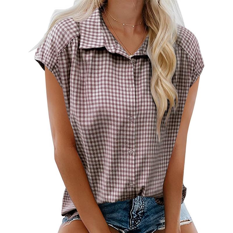 Ladies Summer Short Sleeve Lapel Casual Plaid Printed Blouse Shirt Top