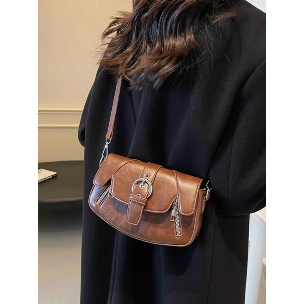 Vintage Damen Umhängetaschen Herbst Texturiertes PU-Leder Klappe Kleine Quadratische Tasche Cool Girl Mode Schultertasche