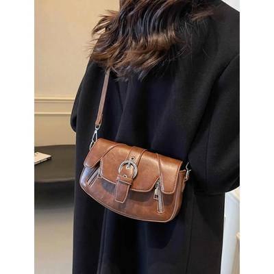 Vintage Women Crossbody Bags Autumn Textured PU Leather Flap Small Square Bag Cool Girl Fashion Shoulder Pack