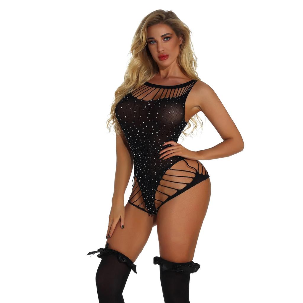 Sexy Rhinestone Fishnet Bodysuits Hot Erotic See-through Body Stockings Porno Hollow Out Teddy Lingere Jumpsuit Flirting Clothes
