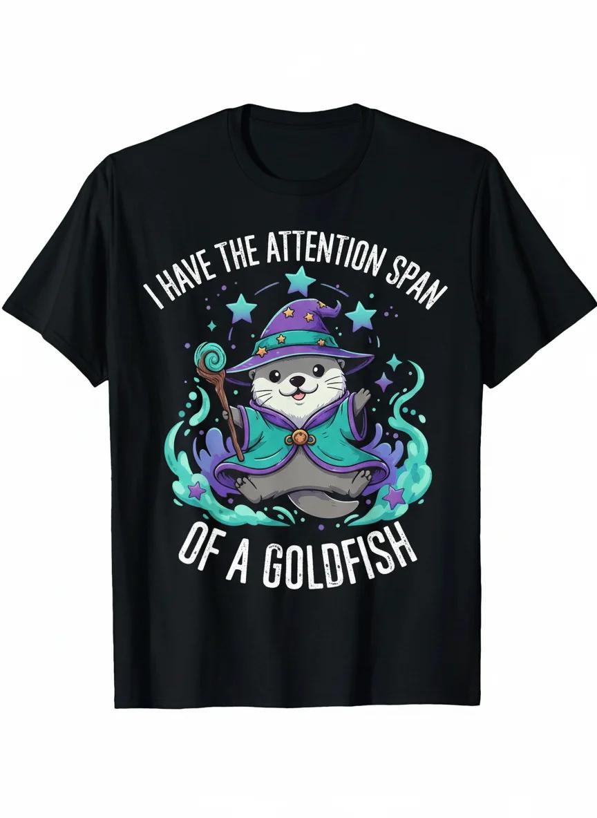Otter Wizard Attention Span of a Goldfish Funny Graphic Tee Unisexs Casual Short Sleeve Cotton TShirt S