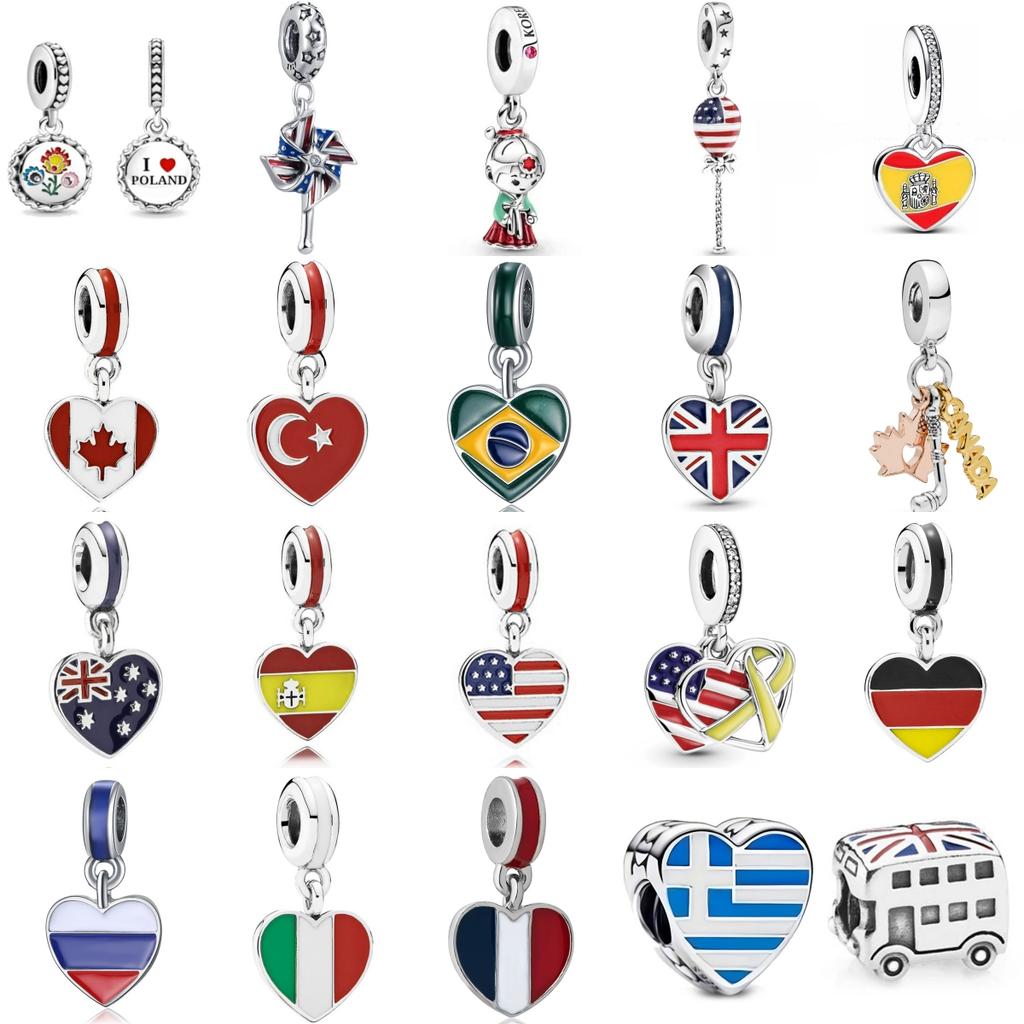 Heart Shape National Flag Dangle Charms For Originalcharms Pandentbracelet Trinket Copper Charm Bead For Women Jewelry