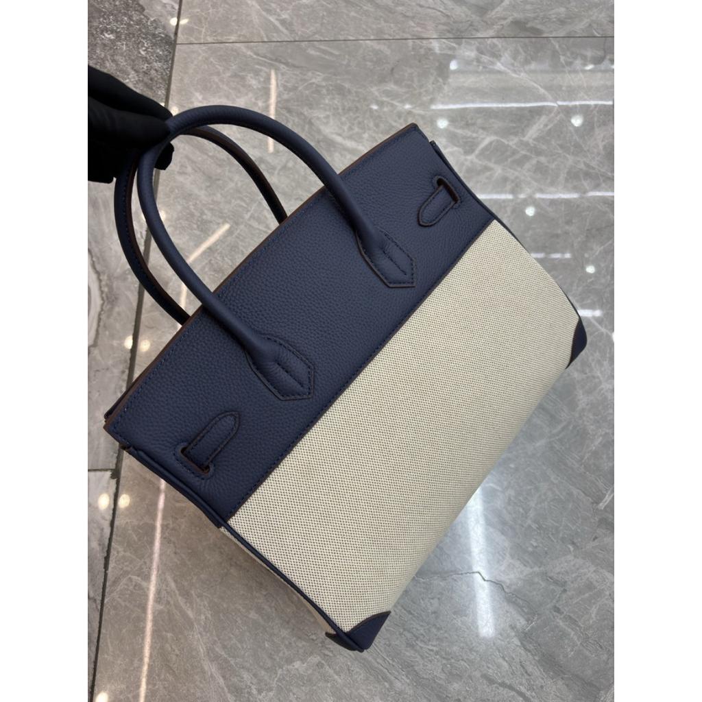 2026 new first-layer lychee pattern cowhide with linen canvas platinum bag genuine leather handbag European and American messenger bag bag