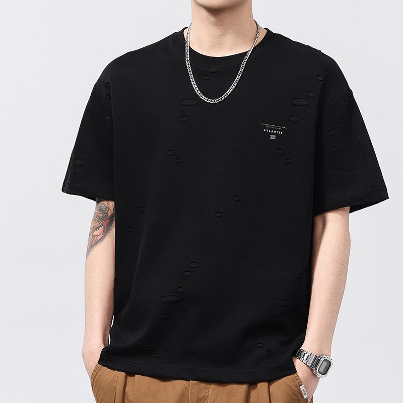 230g Special Innovative Texture Opening Ripped Loose Round Neck Short-sleeved T-shirt for Men