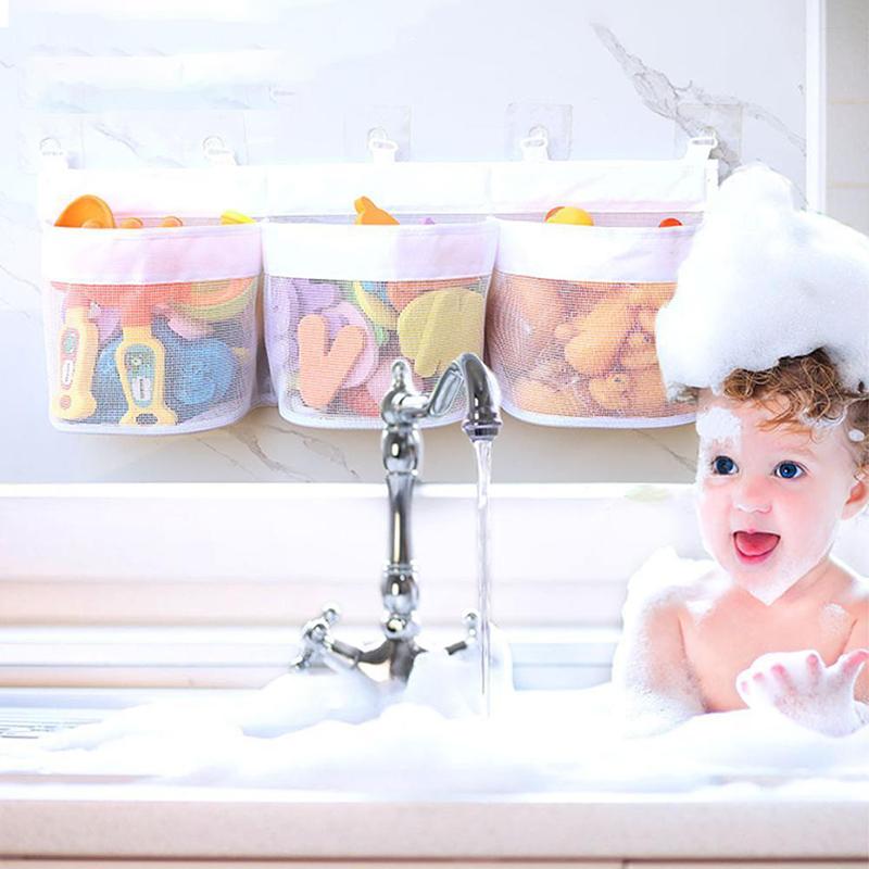 Baby Bath Toys Storage Bag Mesh Net Wall Hanged 3 Compartments Bag Organizer