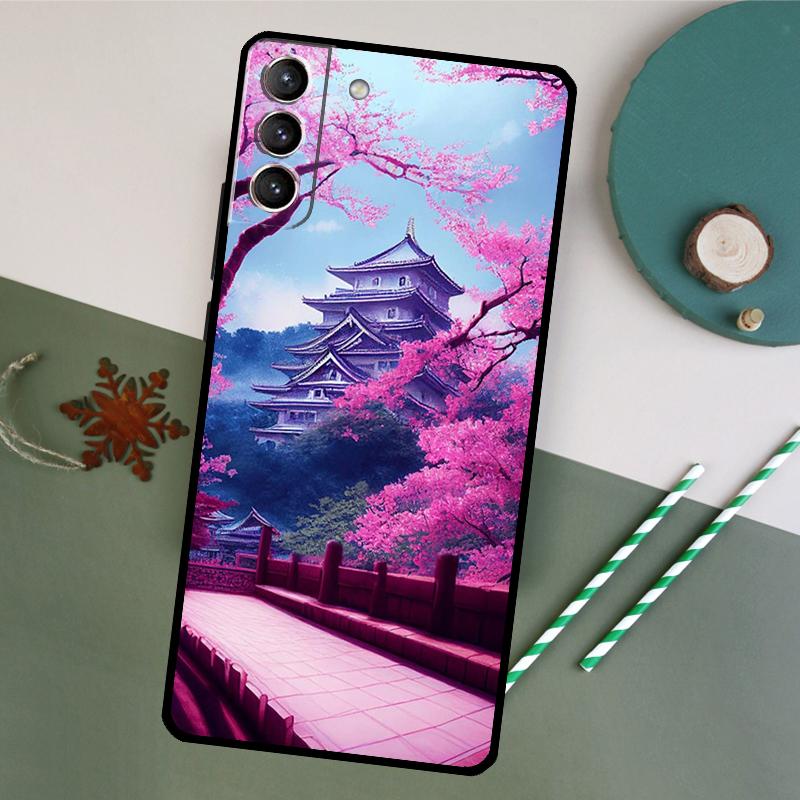 Japanese Art Temple Sakura Case For Samsung Galaxy S23 Ultra S8 S9 S10 S22 Plus Note 10 20 Ultra S20 FE S21 FE Cover