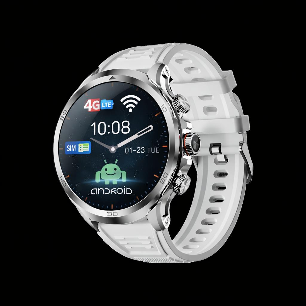 

Android smartwatch with SIM card calling, 8GB+128GB storage, WIFI, GPS, and rotating camera. срібний