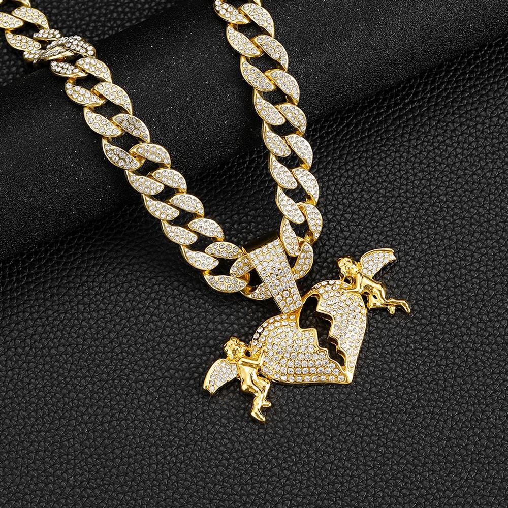 Trendy Men's Women Hip Hop Sparkling Angel Love Heart Pendant Necklace with 15mm Cuban Chain Necklace Charm Jewelry Factory Sale