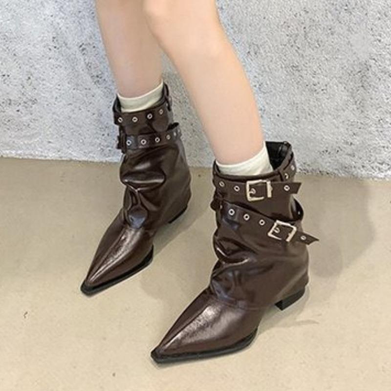 Bottes Tube Automne Vintage Talon Épais Bout Pointu pour Femmes Boucle de Ceinture Mode Bottines Élégantes pour Dames à Enfiler Bottines Modernes Mi-Mollet