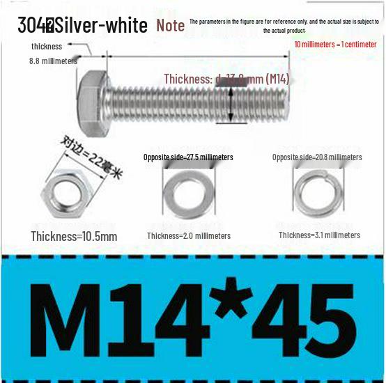 304 Stainless Steel Hex Head Bolt and Nut Set M6-M14, Lengths 8-100mm