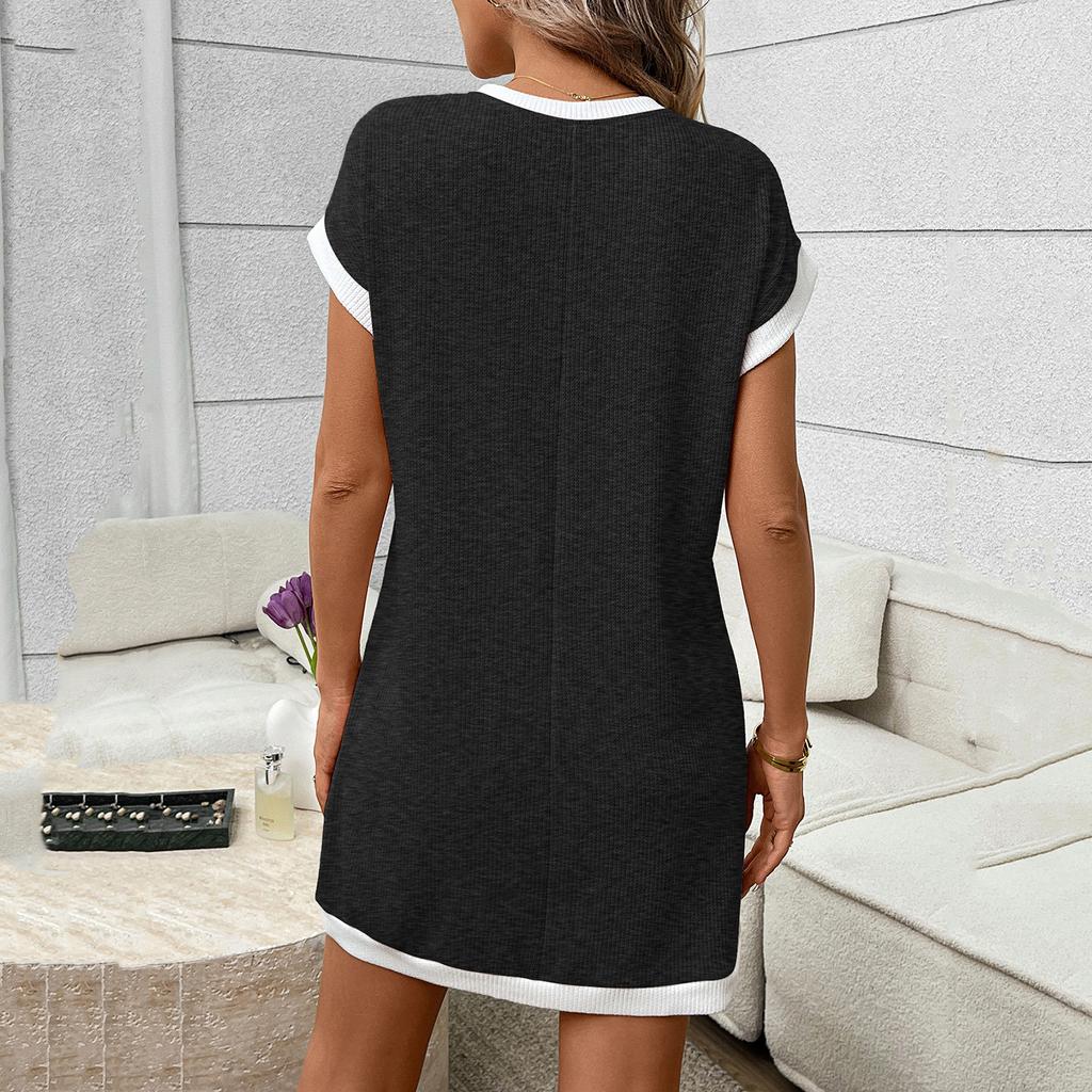 Damen Mode Locker Geschnitten Rundhals Ärmellos Tasche Freizeitkleid