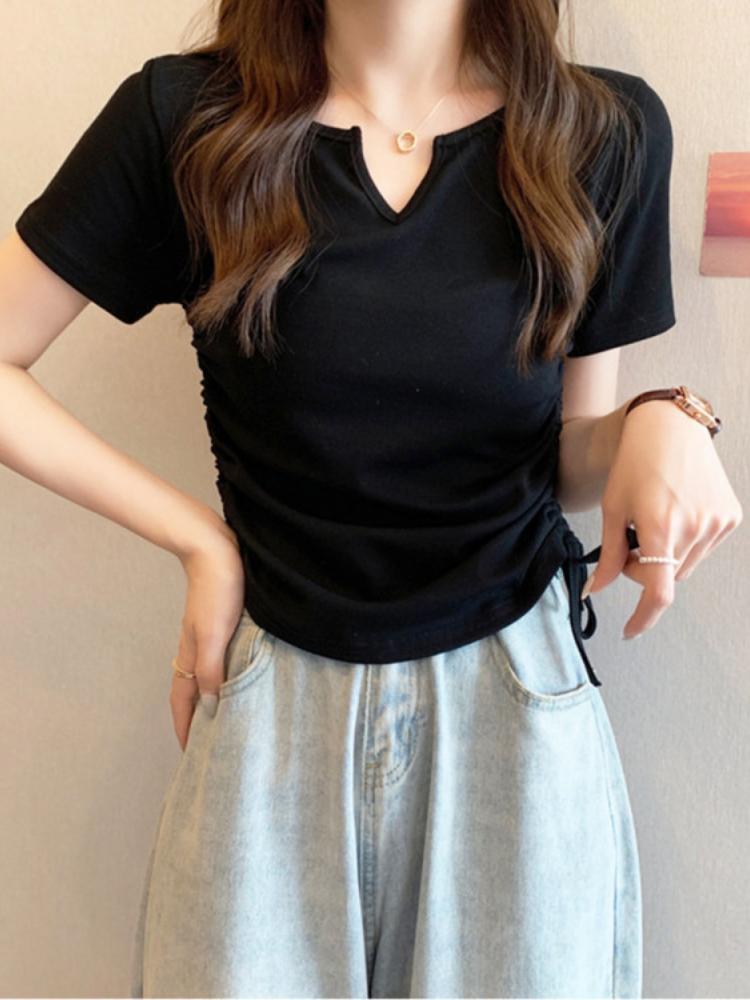 Sexy V-neck Drawstring Tshirt Women Short Sleeve Solid T Shirt Casual Ruched Tank Tops Fashion Crop Top Lady Summer M чёрный