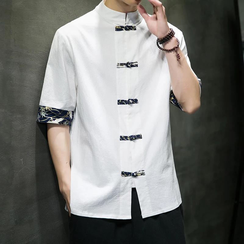 Chinese Style Cotton Linen Shirt Men Retro Casual Print Stitching Short-sleeved Tops Summer Top Quality Men Streetwear
