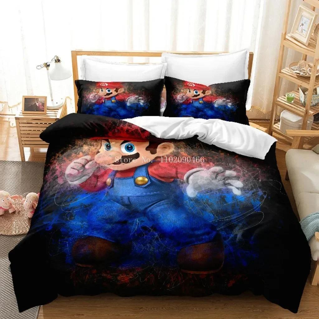Set de lenjerie de pat 3D HD SuperS M-Mario Personaje de joc Super Bros Husă de plapumă, Huse de pilotă pentru copii Față de pernă 2/3 buc Single Twin