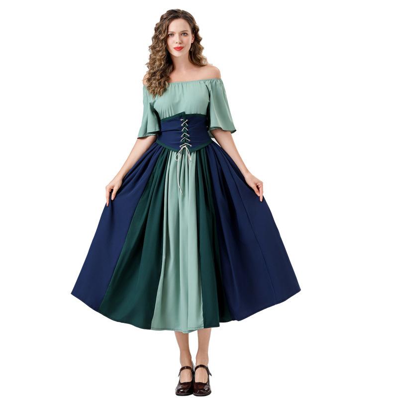 Halloween contrasting splicing retro dress renaissance dress one-word shoulder adult women's medieval dress